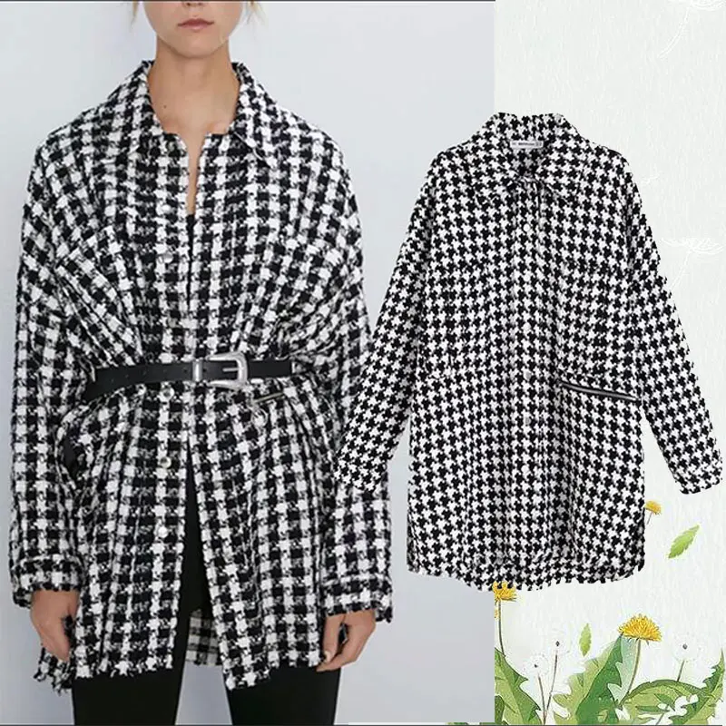 

Winter trench coat Plaid overcoat British retro hound tweed waistband super-large Shoulder-exposed temperament, the latest