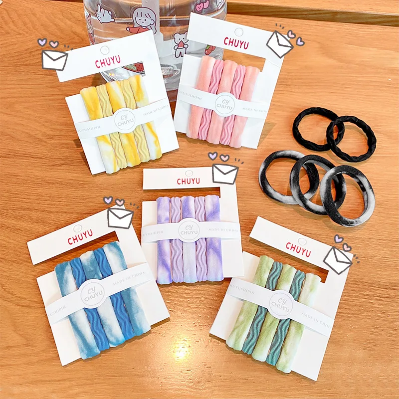 5pcs/set Candy Color Hair Ring Set Hair Rope Tie Basic Fold High Elastic Headwear Korean Style Hair Ornament for Women Girl 50pcs 10x4cm kraft paper display card half fold cards self adhesive price tag for jewelry bracelet ring holder diy packaging