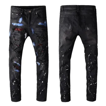 

men splatter paints rhinstone patch distressed jeans