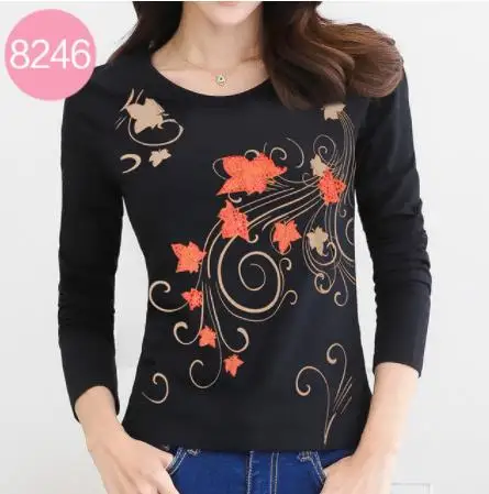 picture color Футболка Vetement Femme одежда футболки женские Стразы с длинным рукавом весенние топы женские Алмазные футболки - Цвет: picture color