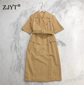 

High Quality Summer Dresses for Women 2020 New Lady Short Sleeve Double Breasted Slim Straight Office Work Dress with belt