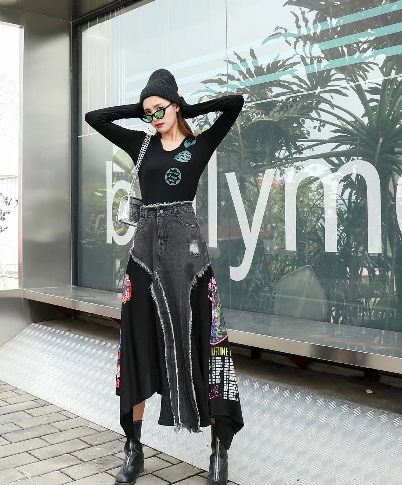 Vefadisa Irregular Women Elegant Skirt 2020 Spring And Autumn Women Printing Patchwork Skirt Plus Size A Line Skirt ZQY319B