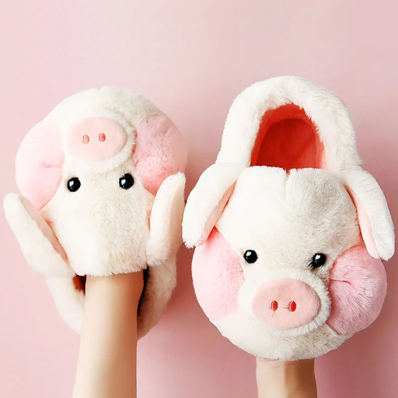 2022 cute Cartoon Pig Slippers Warm Thick Plush Shoes Home Indoor Non-slip Furry Slides Women Winter fluffy fur slippers 