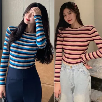 

Korean Style Knitted Striped Basic T Shirts Women Autumn Korean Sweet Harajuku Slim Bottoming Long Sleeve Tee Shirt Femme1