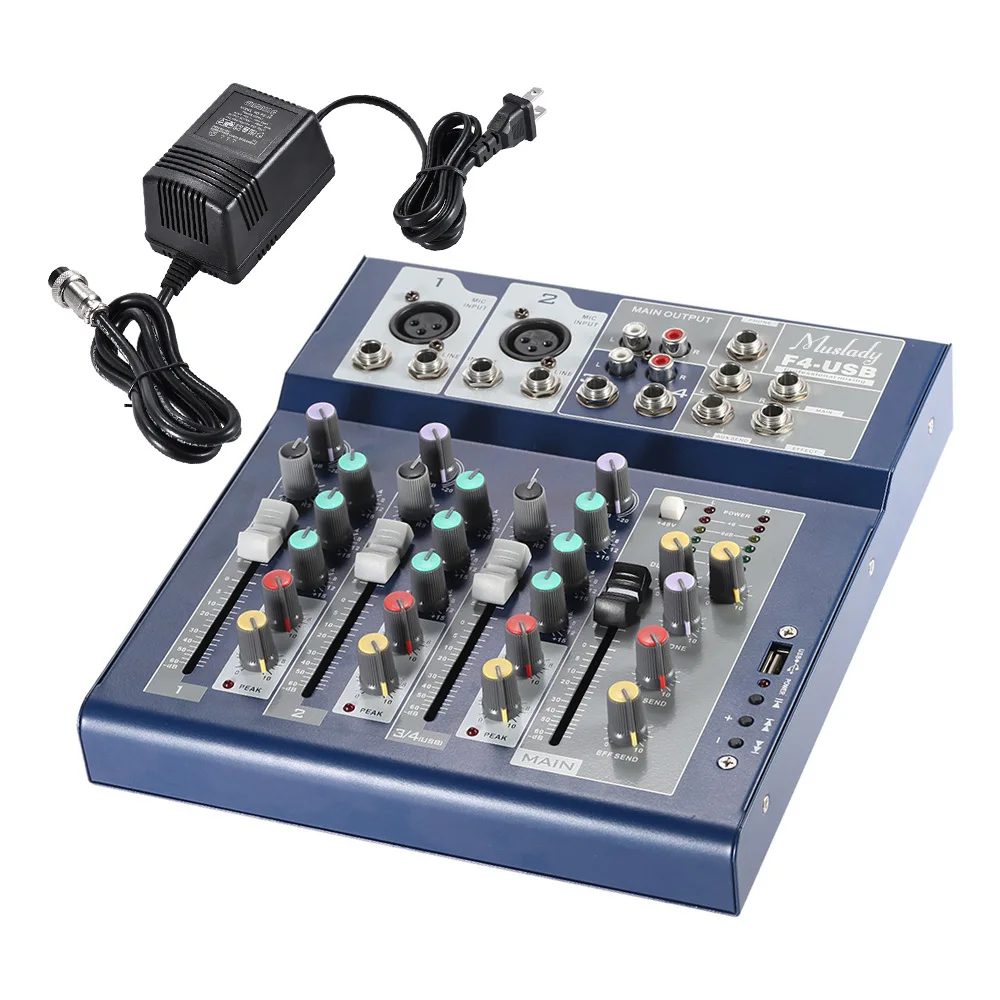

Professional Metal 4 Channel Live Mixer Mixing Console 3-Band EQ 48V Phantom with Bulit-in Effect Processor Mic Input