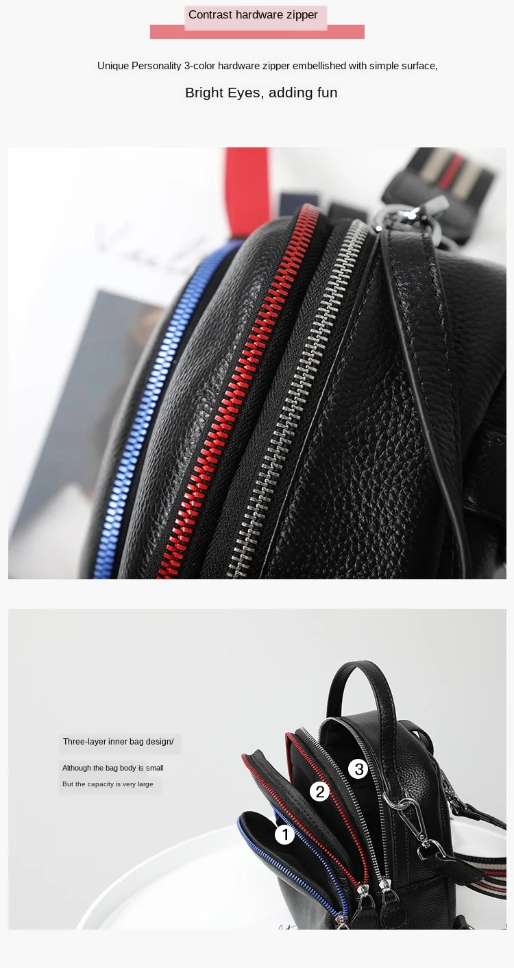 2021 Spring Contrast Color Cow Leather Women Bag Pack Korean Soft Leather Mini Backpack Preppy Style Girl School Bag 3 Strap