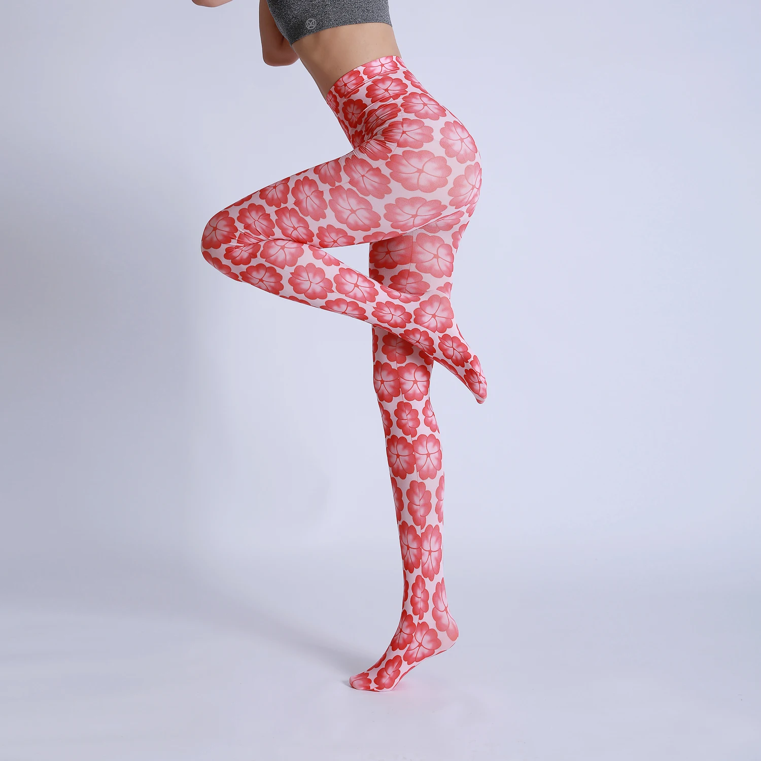 Luxury Fashion Big Flower Digital Printed Tights High Quality Flexible Womens Grid Patterned Pantyhose New Designs Stockings
