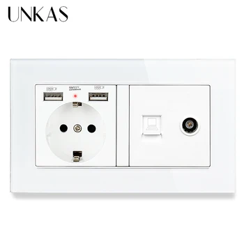 UNKAS 크리스탈 강화 유리 EU 표준 소켓 듀얼 USB + RJ45 인터넷 컴퓨터 잭 및 텔레비전 포트 전원 콘센트