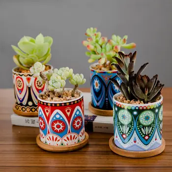 

4 Sets Decorative Cylindrical Mandalas Succulent Planter Flower Planter Succulent Pot Flowerpot with Tray for Balcony Decor