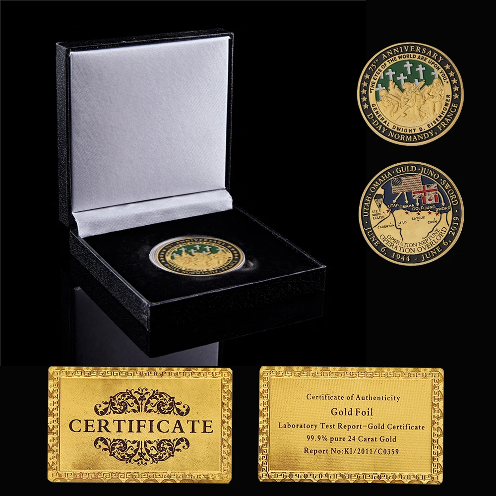 

1994.6.6 WWII Gold/Silver Plated Souvenir Coin The Great War 75th Anniversary Commemorative Challenge Coin W/ Box Display
