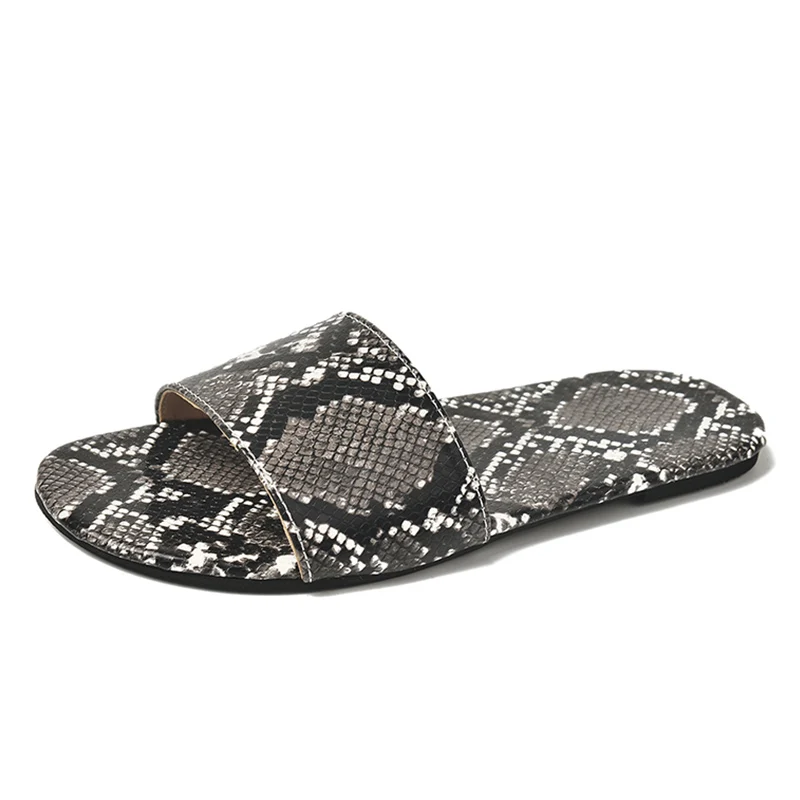 

Summer Fashion Snakeskin Flat Slippers Open Toe Designer Casual Shoes Woman Black White Yellow Comfort Leather Beach Flip Flops