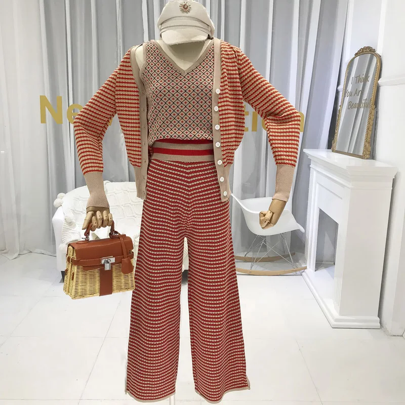 

Ladies Brand Design Women Knitted Striped Cardigan+Tank+High Waist Pants 3 Pieces Clothing Set Autumn Winter 3PCS Knit Suits