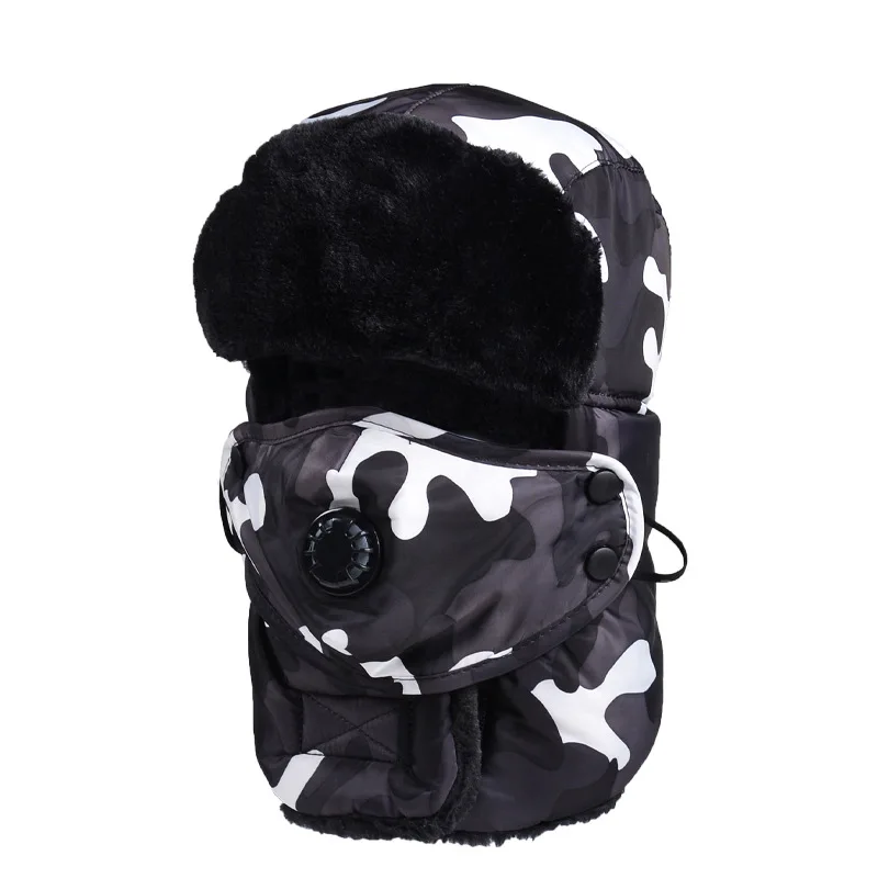 Зимняя женская шапка, шапки-бомберы, Мужская велосипедная ветрозащитная шапка, теплая и толстая плюшевая хлопковая шапка, холодная и водонепроницаемая - Цвет: Camouflage-black
