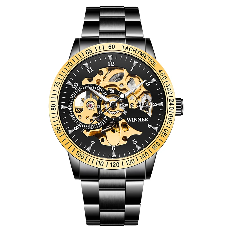 Новинка, часы WINNER Relojes, Топ бренд, мужские, классические, нержавеющая сталь, самовзводные, скелет, механические часы, модные, крест, наручные часы - Цвет: black gold