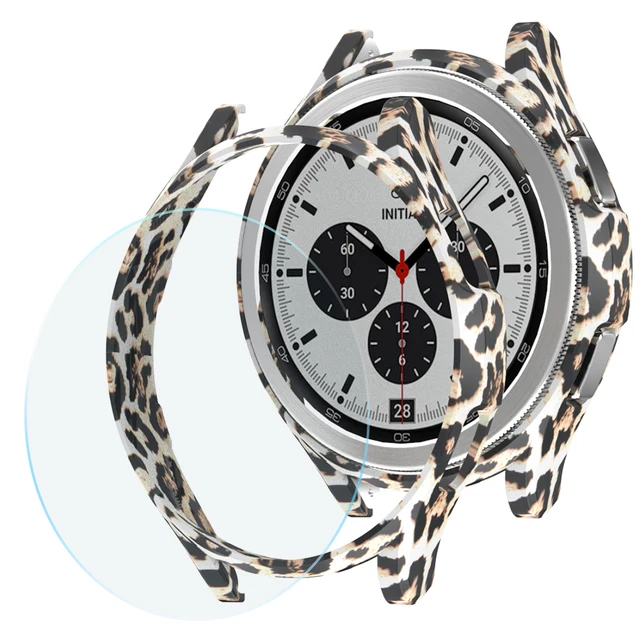 Glass+Case for Samsung Galaxy Watch 4 Classic 42mm 46mm,PC Matte Cover All-Around Protective Bumper Shell for Galaxy Watch4 Leopard 2 One Glass