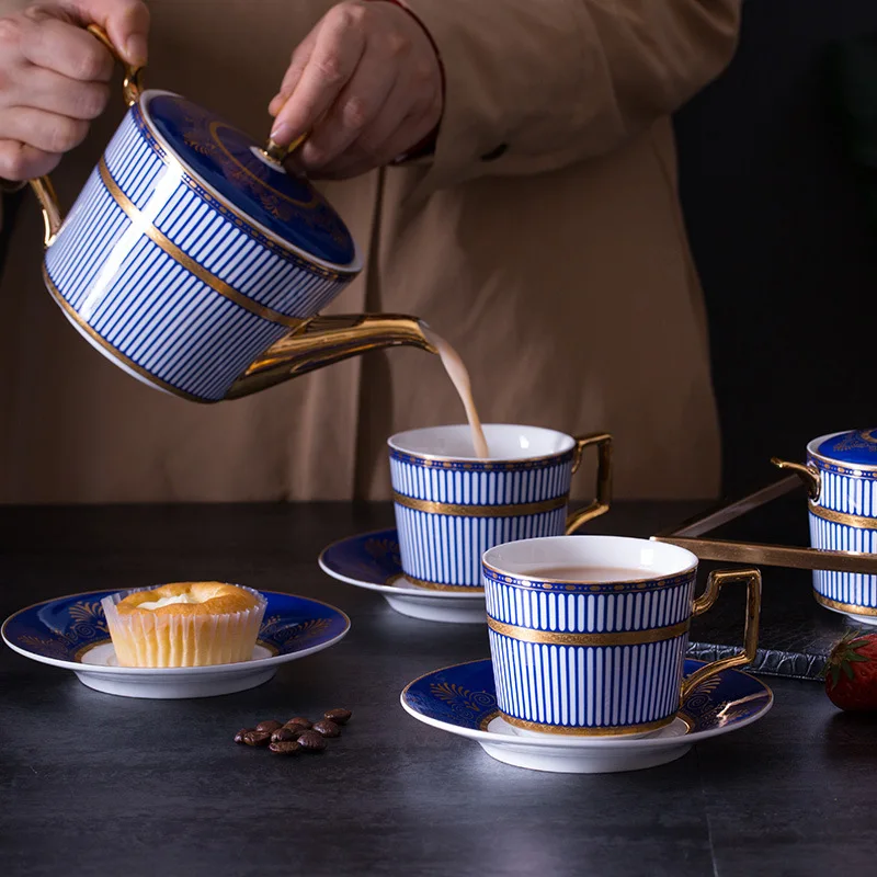 European Blue Coffee Cup Set Simple Luxury English Afternoon Tea Set Light Luxury Home Embossed Gold Tea Cup Set