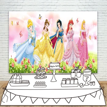 

Princess Snow White Belle Ariel Sandy Photography Backdrops Pink Flowers Butterfly Backgrounds For Girls Birthday Party Banner