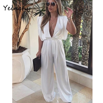 

Yeinchy sexy women Deep V-Neck sleeveless Open Back Loose Wide Leg Shape Jumpsuit FM6258