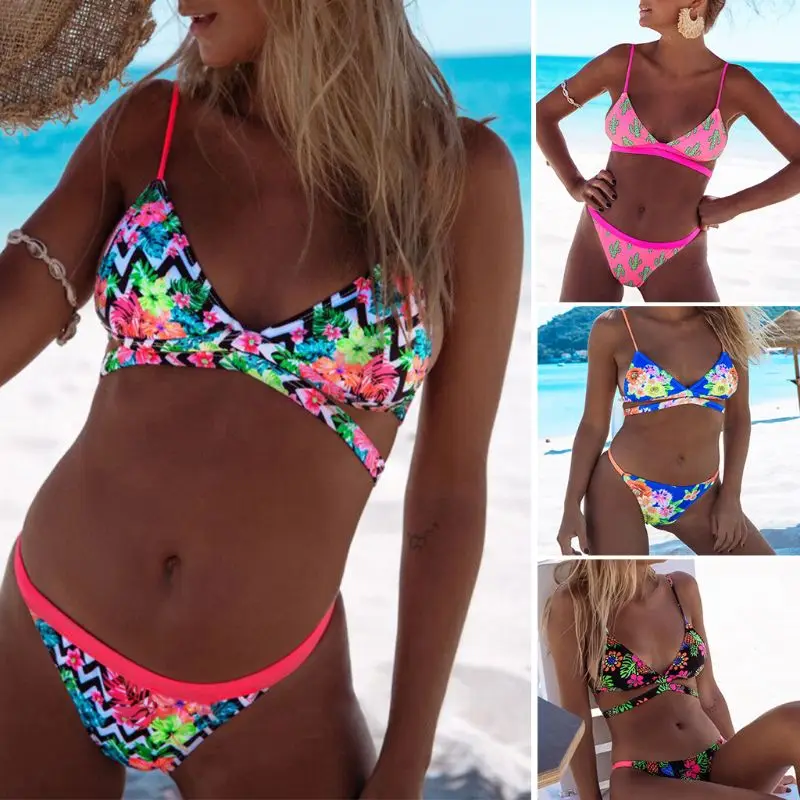 

Women New Print Bikinis Swimsuit Cross Bandage Swimwear Push Up Beach Bathing Suit Brazilian Bikini Set