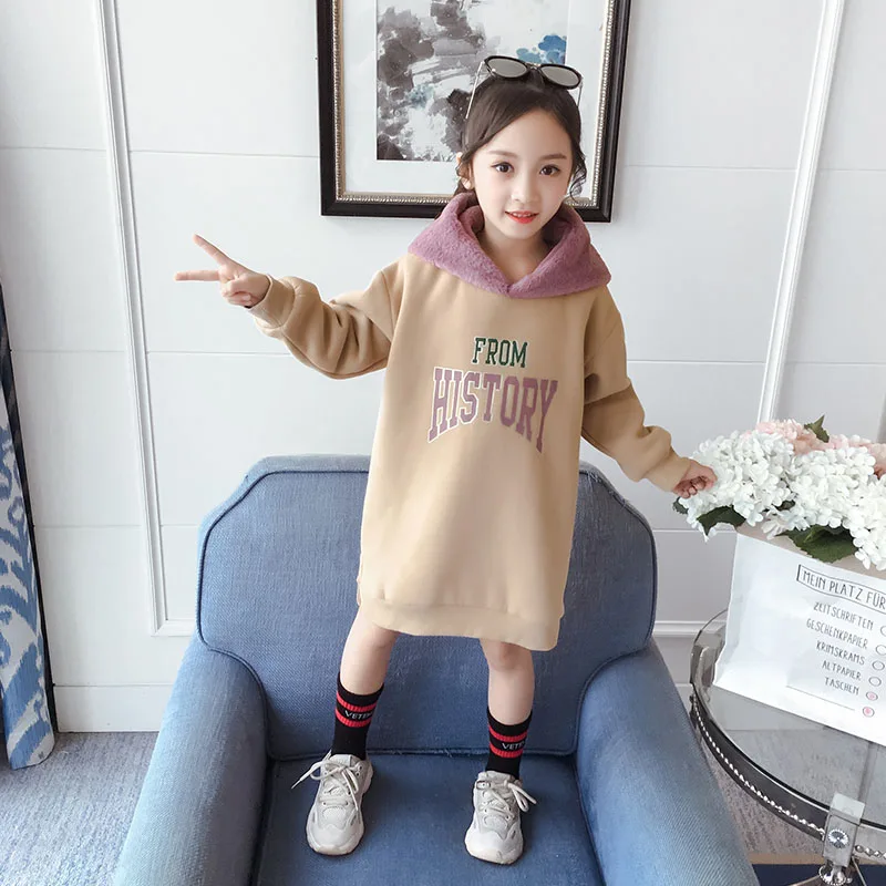 Khaki Girls Hoodies Puckcovi/толстовки с капюшоном для девочек; детский утепленный пуловер; зимние спортивные толстовки с капюшоном для девочек; Удлиненный свитшот с капюшоном из искусственного меха для зимы - Цвет: Khaki Girls Hoodies