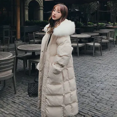 

2018 Winter New Style Mid-length Bell Sleeve Cotton-padded Clothes Korean-style Solid Color Loose-Fit Hooded Large Fur Collar Co