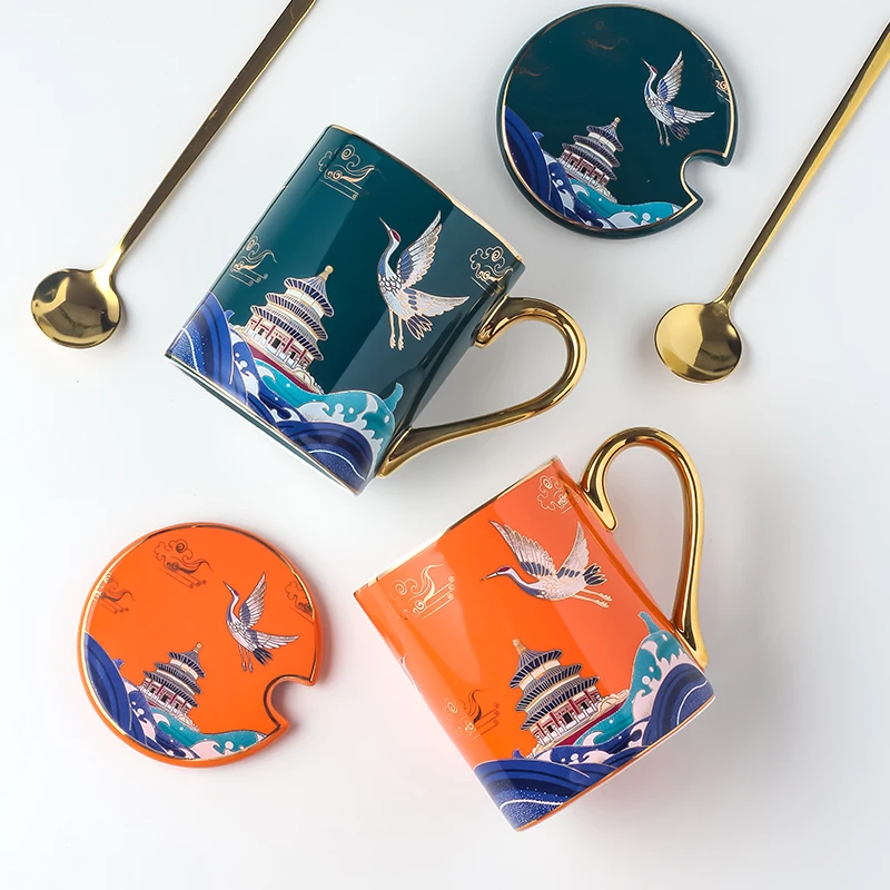 

Chinese Style Mugs Coffee Cups Creative Country Crane Mug Household Water Cup Couples Cup Office Ceramic Teacup with Lid Spoon