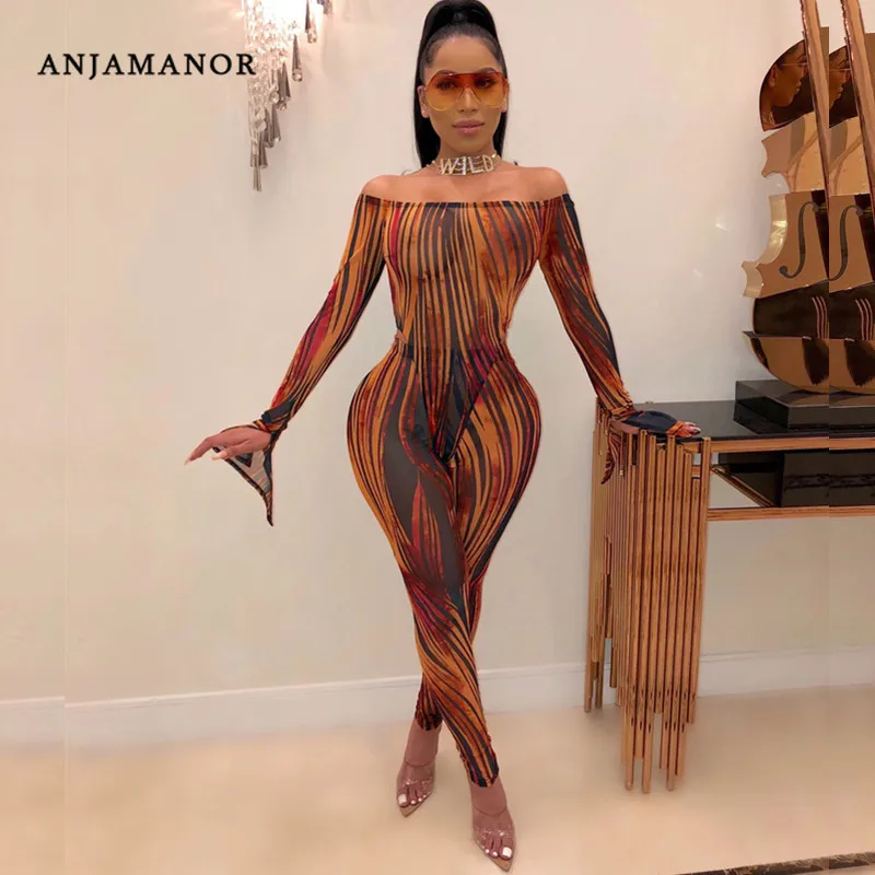 

ANJAMANOR Striped Sheer Mesh Sexy 2 Piece Sets Womens Outfits Fall Winter 2019 Night Club Set Bodysuit Top and Pants D35-AC17