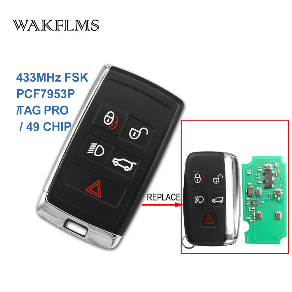 WAKFLMS Only Shell OEM Modified 5 Buttons 433MHz PCF7953 Chip Car Key Keyless Go/Entry For&nbsp; Land&nbsp;Rover Range Rover Evoque Sport