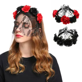 

Halloween Rose Flower Lace Headband Hair Accessories for Halloween Masquerade Headwear Headband Party Female Flower Crown
