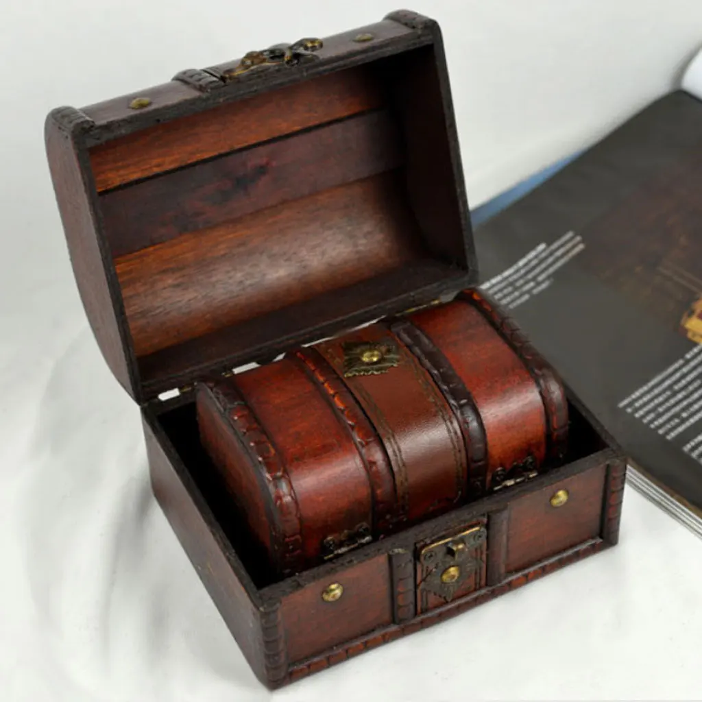 2 Pcs Small Big Set Vintage Wooden Treasure Chest Necklace Bracelet Earrings Holder Storage Box Jewelry Packaging 
