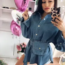 

Spring and Summer Women's Solid Color Women's Lapel Pocket Belt Belt Slim Dress Ladies Single-breasted Retro Denim Dress 2022