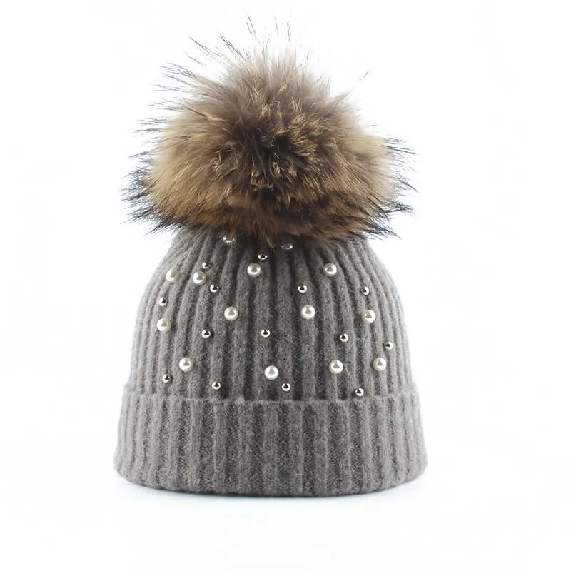 

New Pearl Wool Beanie Women Natural Real Fur Pompom Hat Skullies Fashion Knitted Beanie Cap Pompom Winter Hats For Women