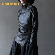 UMI MAO Dark Yamamoto Style Irregular Stand Collar Diagonal Zipper Faux Leather Sweatshirt Female Cool