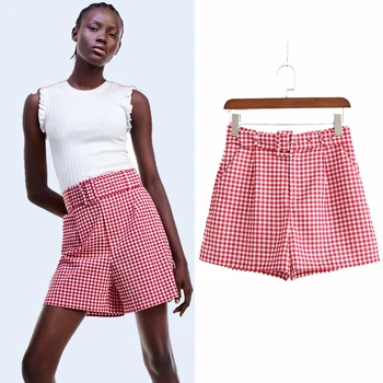 

ZA Plaid Casual Women's Shorts Spring and Summer High Waist with Belt Front Pocket with Bermuda Check Short Pants