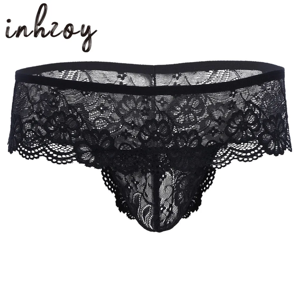 

Sexy Men Erotic Lace Lingerie Bulge Pouch G-string Open Butt Low Rise Stretchy Male Bikini Briefs Sissy Panties Gay Underwear