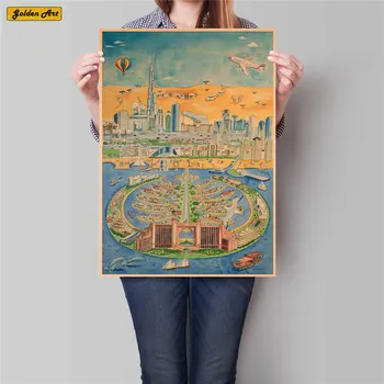 

Dubai City Travel Poster Antique Landscape Painting Vintage Kraft Paper Hand Painted Wall Art Sticker Home Decor 42x30cm