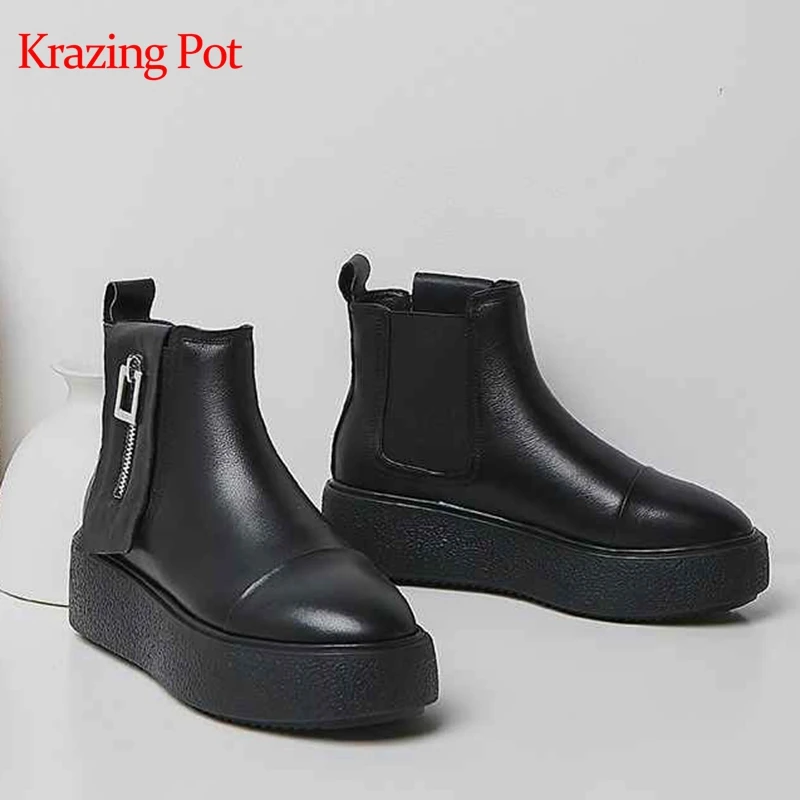 

Krazing pot cow leather round toe zipper fasteners high bottom women elegant European design leisure sole solid ankle boots L33