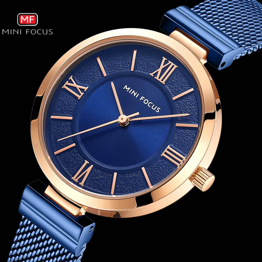 MINIFOCUS Women Watches Top Brand Luxury Simple Quartz Analog Clock Blue Stainless Steel Strap