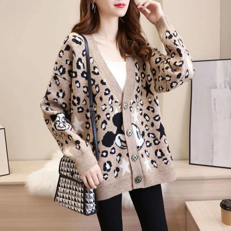 Leopard Mickey Mouse Sweaters Disney Autumn Winter Women Cardigans Coats Button Long Sleeve Female Sweaters Korean Style Clothes