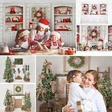 

Mocsicka Christmas Photography Backdrop Fireplace Family Party Background Christmas Tree Sock Wreath Photocall Photo Banner