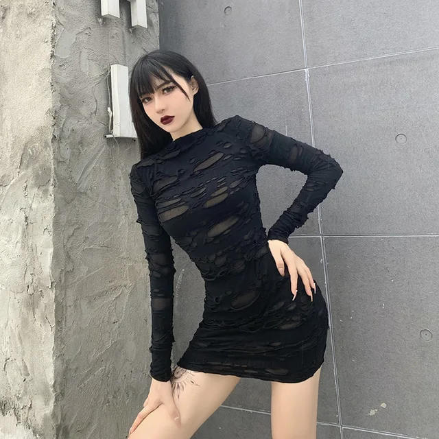 Helisopus New Gothic Black Mini Dress Streetwear Rock Punk Hollow Retro High Waist Long Sleeve Bodycon Party Dresses 1