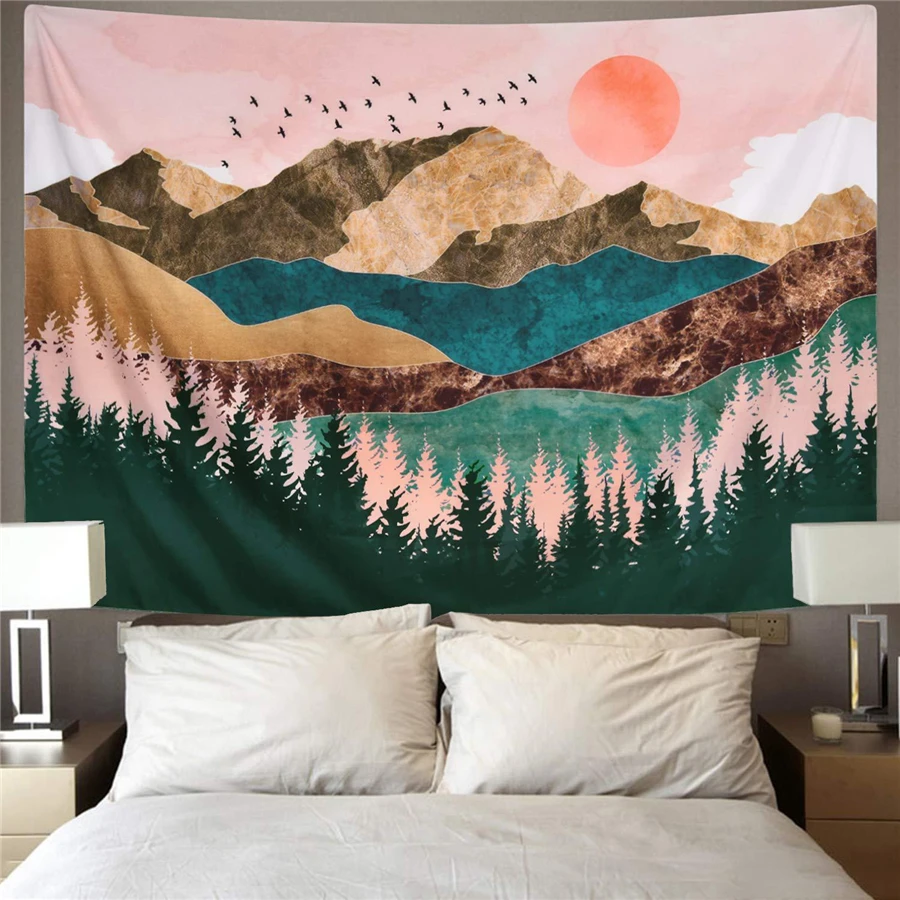 

Nordic Style Mountain Pink Tapestry Wall Hanging Boho Decor Sun Bird Abstract Mandala Psychedelic Tapestry Wall Fabric World Map