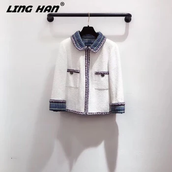 

LINGHAN Fashion Patchwork Tweed jacket high quality Turn-down Collar jacket coat+ Silk lining Designer Autumn Winter New