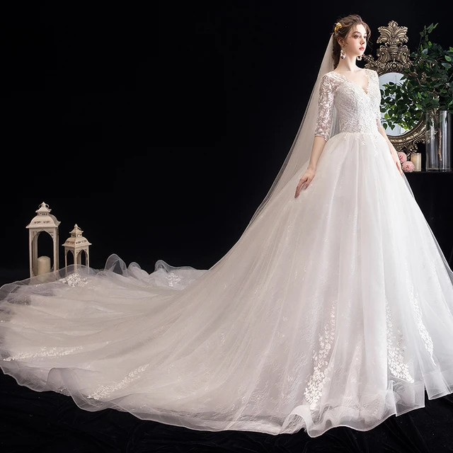 JKM045 Long-sleeved Summer Wedding Dress 2021 New Temperament Bride Trailing Super Fairy Style Dream Off-shoulder French Gown 3