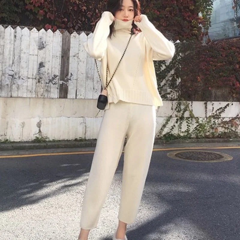 ^Cheap Women Turtleneck Sweater Two Piece Knitted Sets Loose Tracksuit 2019 Winter Outwear Warm Sweatshirts Pants Suit Female Korean