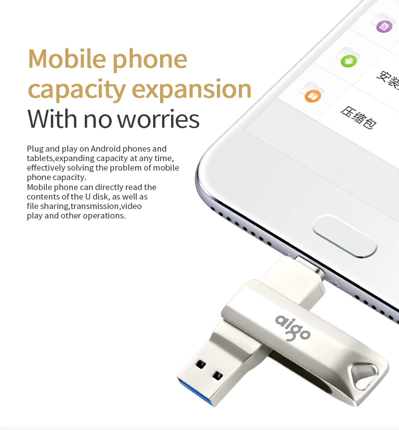 Aigo usb 3,1 OTG флеш-накопитель для Android высокоскоростной Флэш-Накопитель 360 ° Вращающийся Кабель с разъемом типа C usb stick 32 Гб металлический флэш-накопитель usb