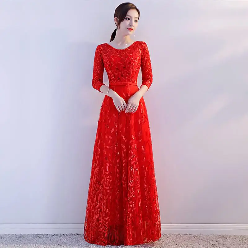 Традиционное китайское платье невесты, женское свадебное платье Qipao, элегантное весеннее длинное платье с круглым вырезом, роскошное вечернее платье, Vestido XS-3XL - Цвет: Красный