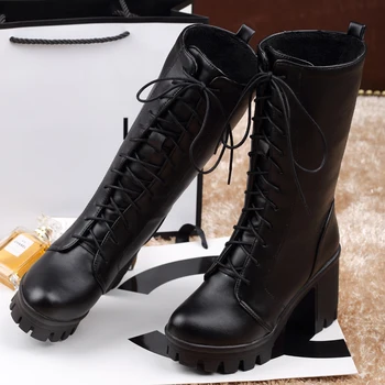

Black 2020 White High Heels Platform Boots Women Round Toe Thick Bottom Lace Up Mid Calf Boots Fashion Warm Fur Gladiator Boots