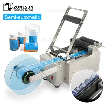 

ZONESUN Semi-automatic Round Bottle Labelling Machine Stick Mark Labeller Alcohol Disinfectant Plastic Glass Bottles