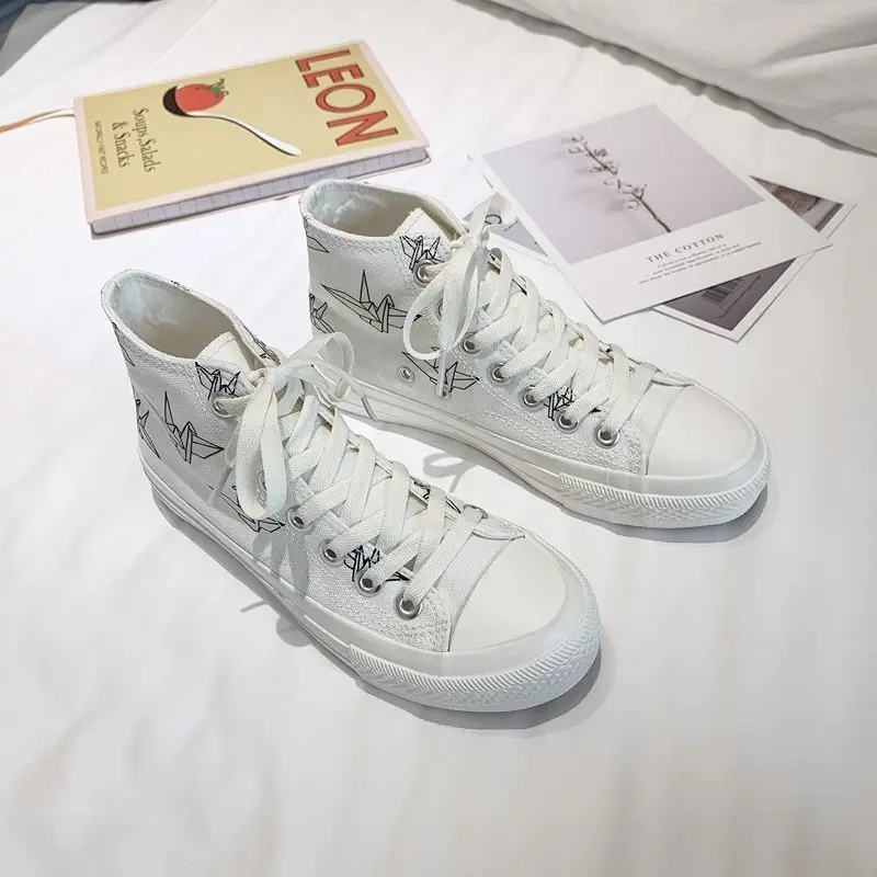 

Female Casual Sneakers High Top High Quality Color-changing Paper Platform Lace up Crane Canvas Shoes Vulcanized Shoes U12-03